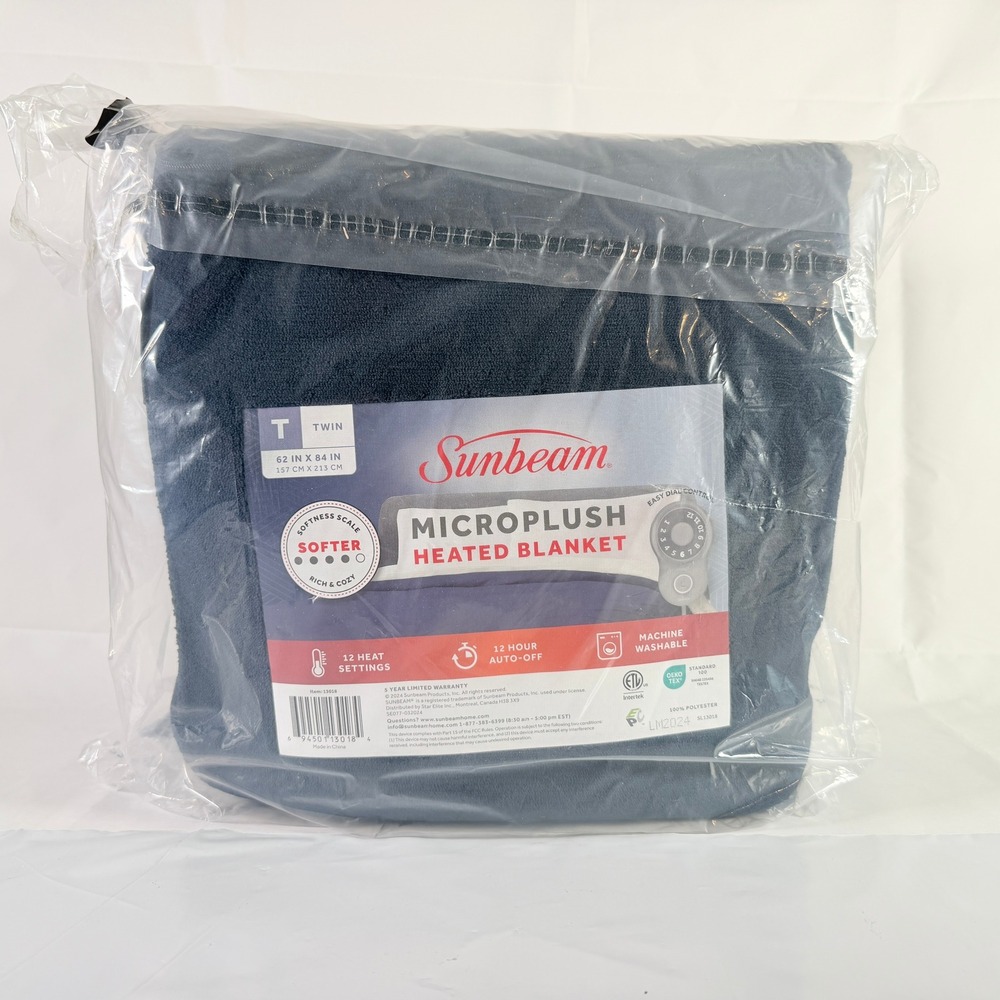 Sunbeam Microplush Heated Blanket Twin 62x84 Navy Blue 12 Heat Settings New